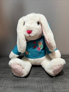 Cream Plush Bunny with Teal Embroidered Jacket - Soft Cuddly Toy
